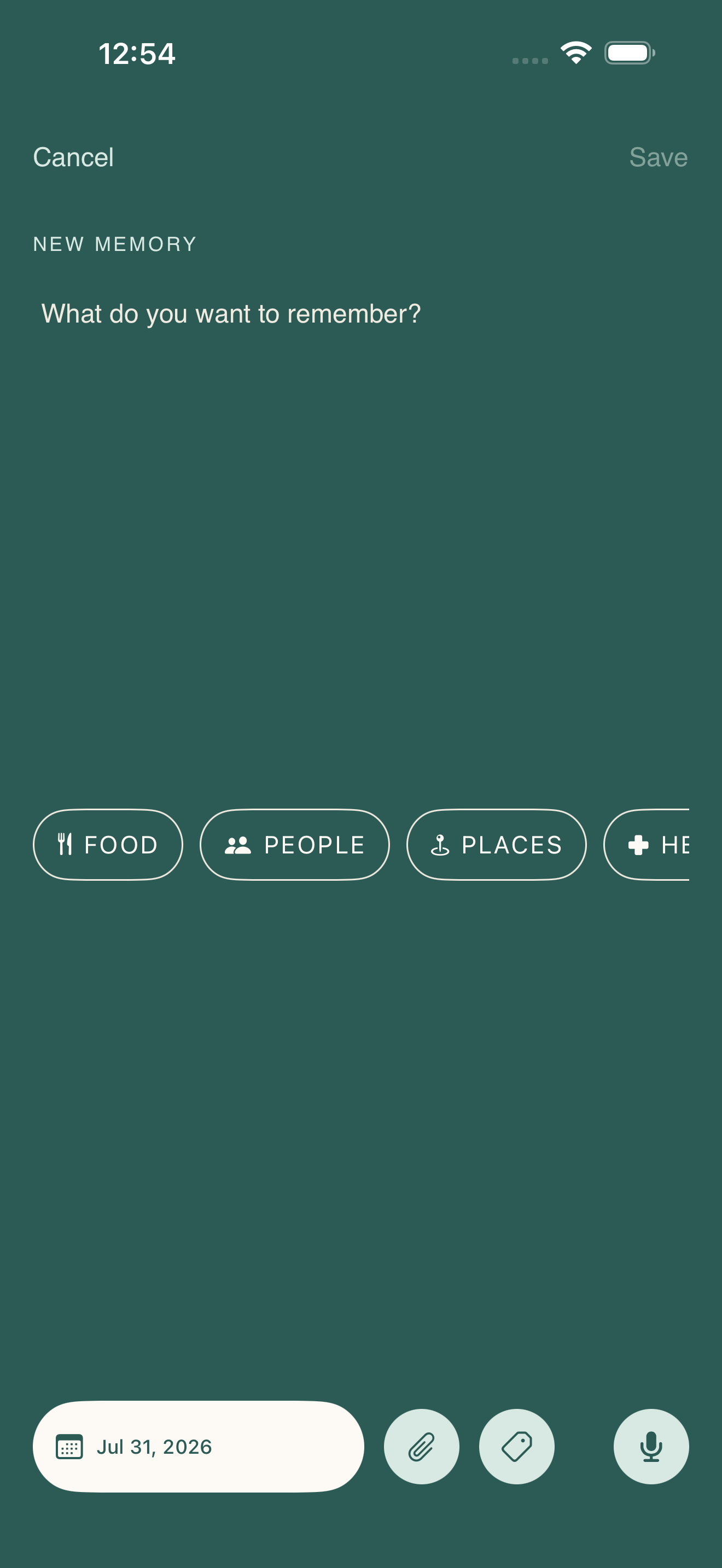 Fondary voice capture screen with selectable memory categories