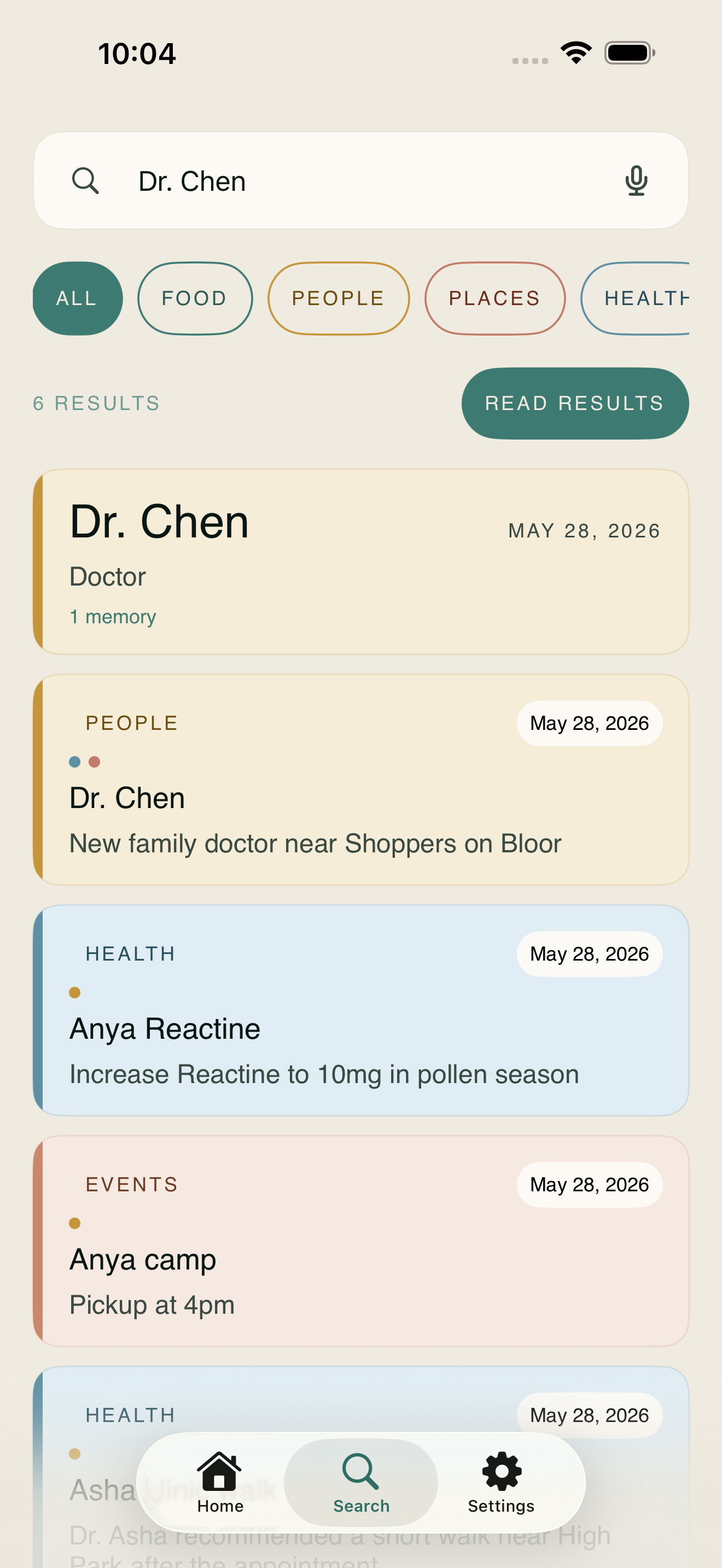 Fondary search screen showing sample results for a person